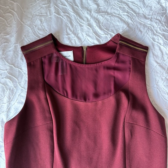 Donna Morgan Rich Burgundy Midi Dress Gold Zipper Detail and Mesh Neckline - Picture 2 of 9